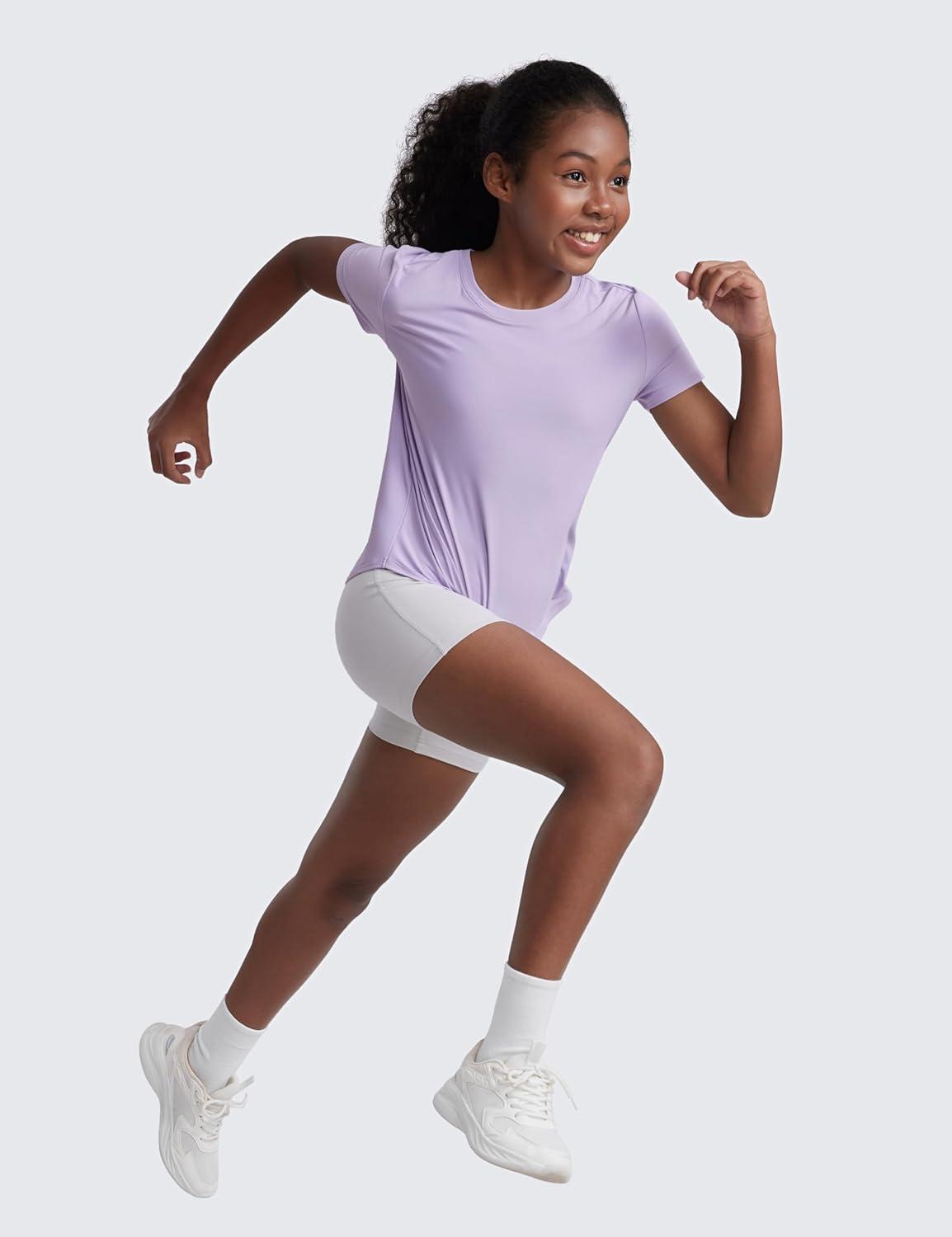 imageCRZ YOGA Girls Cloudweight Short Sleeve Athletic T Shirts Active Sports Casual Tees Crew Neck Side Slit Kids TeenLilac Air