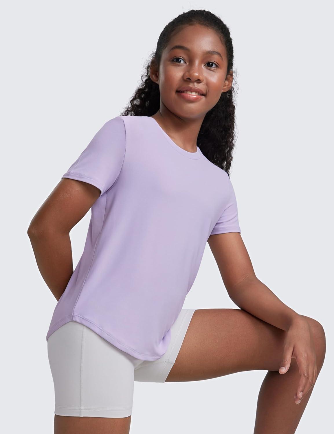 imageCRZ YOGA Girls Cloudweight Short Sleeve Athletic T Shirts Active Sports Casual Tees Crew Neck Side Slit Kids TeenLilac Air