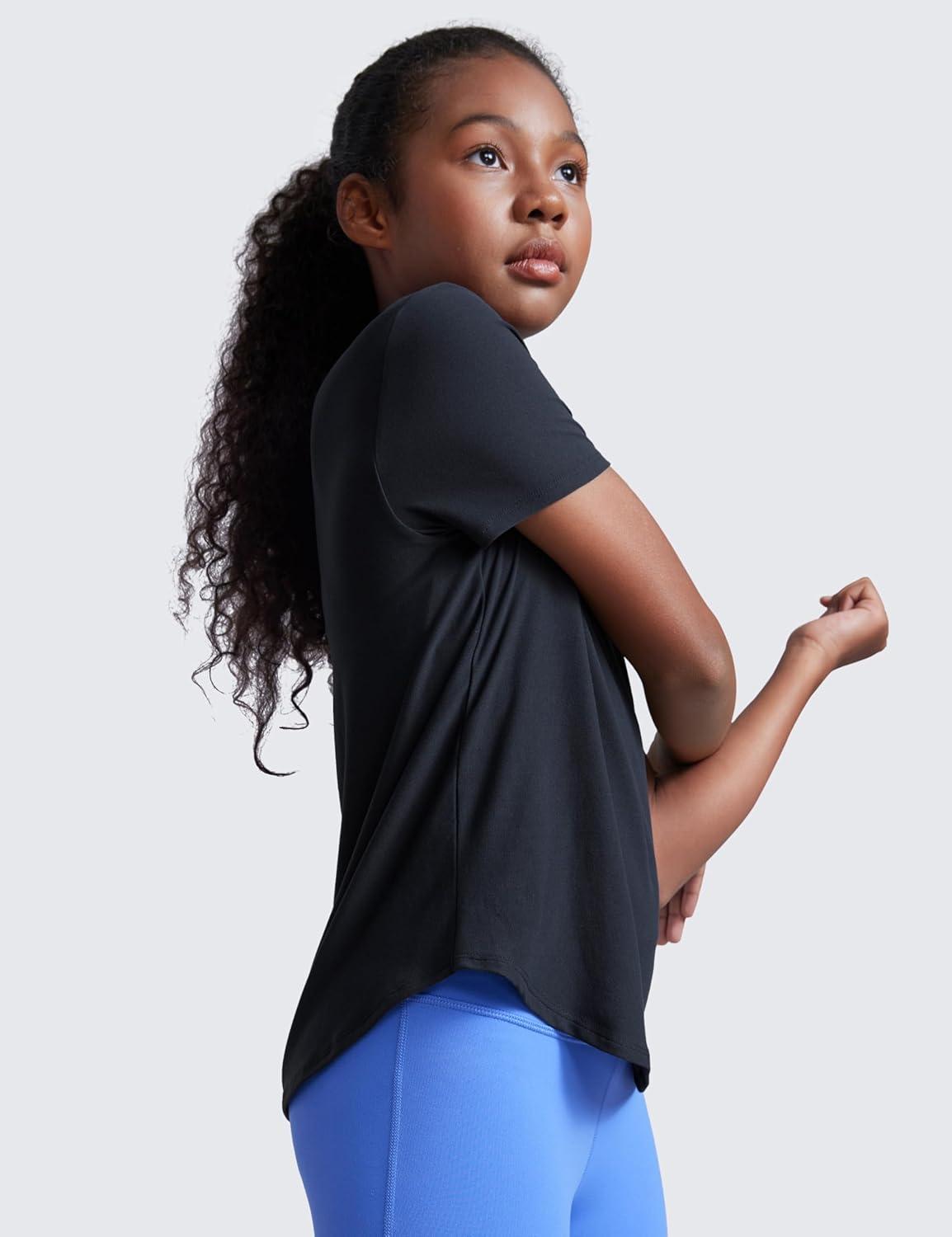 imageCRZ YOGA Girls Cloudweight Short Sleeve Athletic T Shirts Active Sports Casual Tees Crew Neck Side Slit Kids TeenTrue Navy