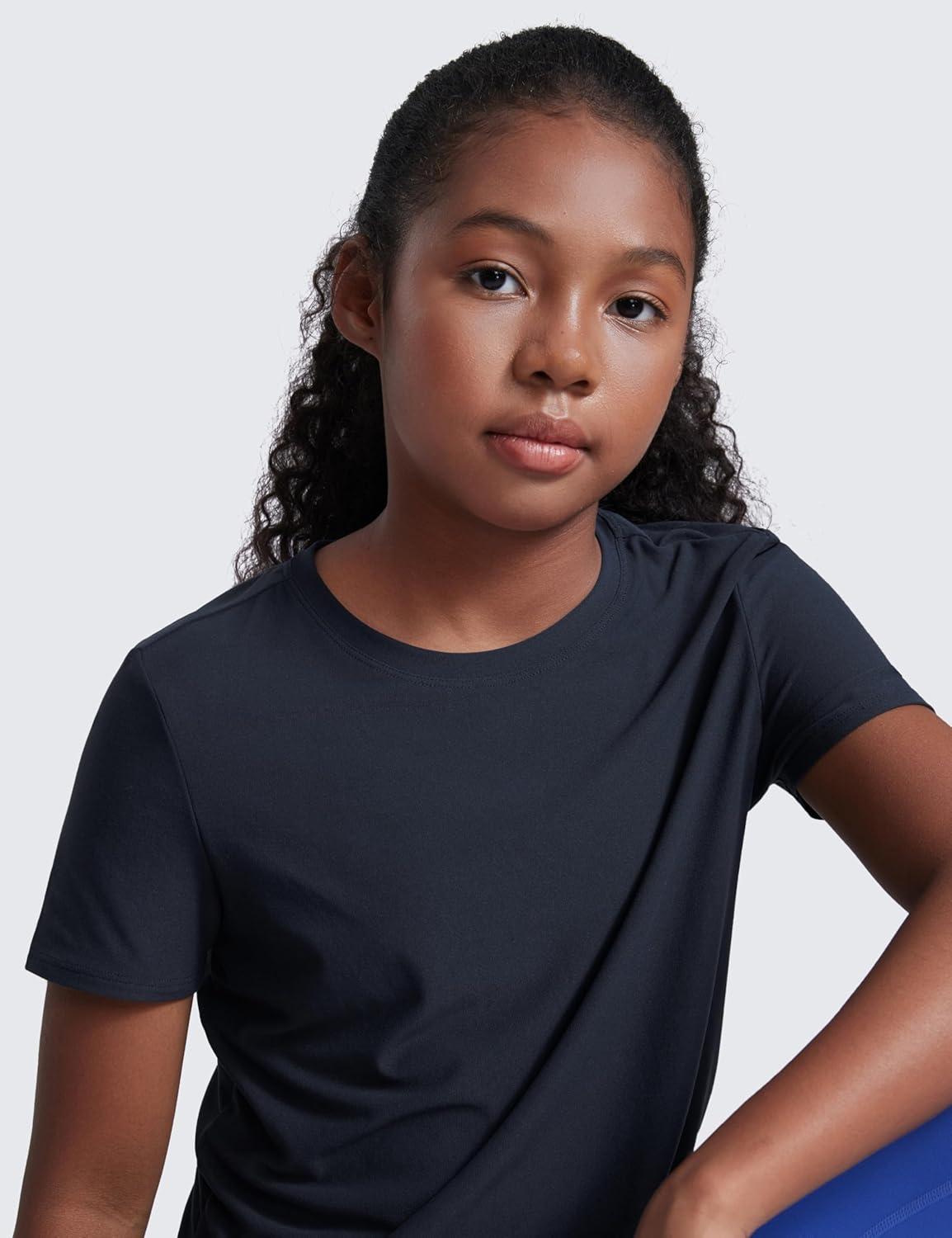 imageCRZ YOGA Girls Cloudweight Short Sleeve Athletic T Shirts Active Sports Casual Tees Crew Neck Side Slit Kids TeenTrue Navy