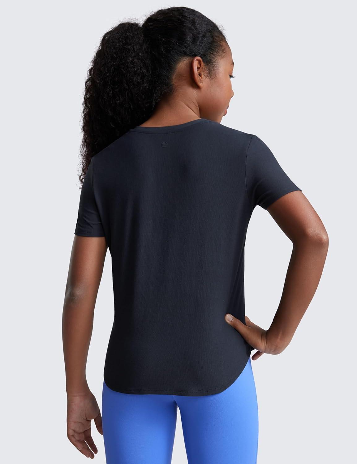 imageCRZ YOGA Girls Cloudweight Short Sleeve Athletic T Shirts Active Sports Casual Tees Crew Neck Side Slit Kids TeenTrue Navy
