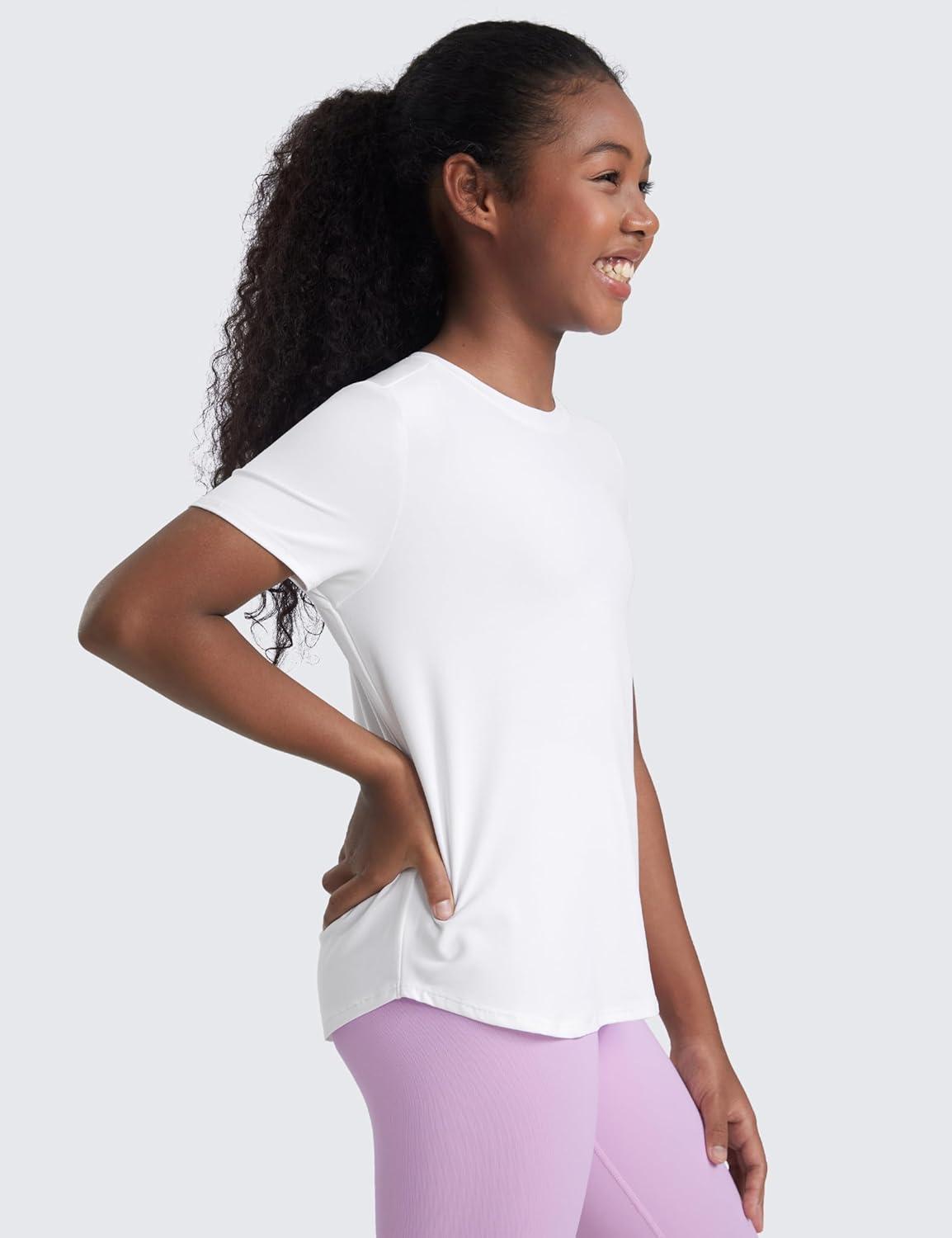imageCRZ YOGA Girls Cloudweight Short Sleeve Athletic T Shirts Active Sports Casual Tees Crew Neck Side Slit Kids TeenWhite