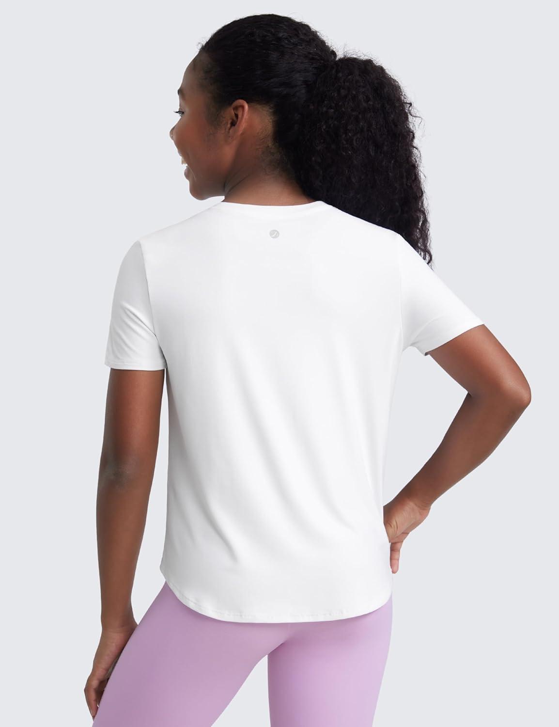imageCRZ YOGA Girls Cloudweight Short Sleeve Athletic T Shirts Active Sports Casual Tees Crew Neck Side Slit Kids TeenWhite
