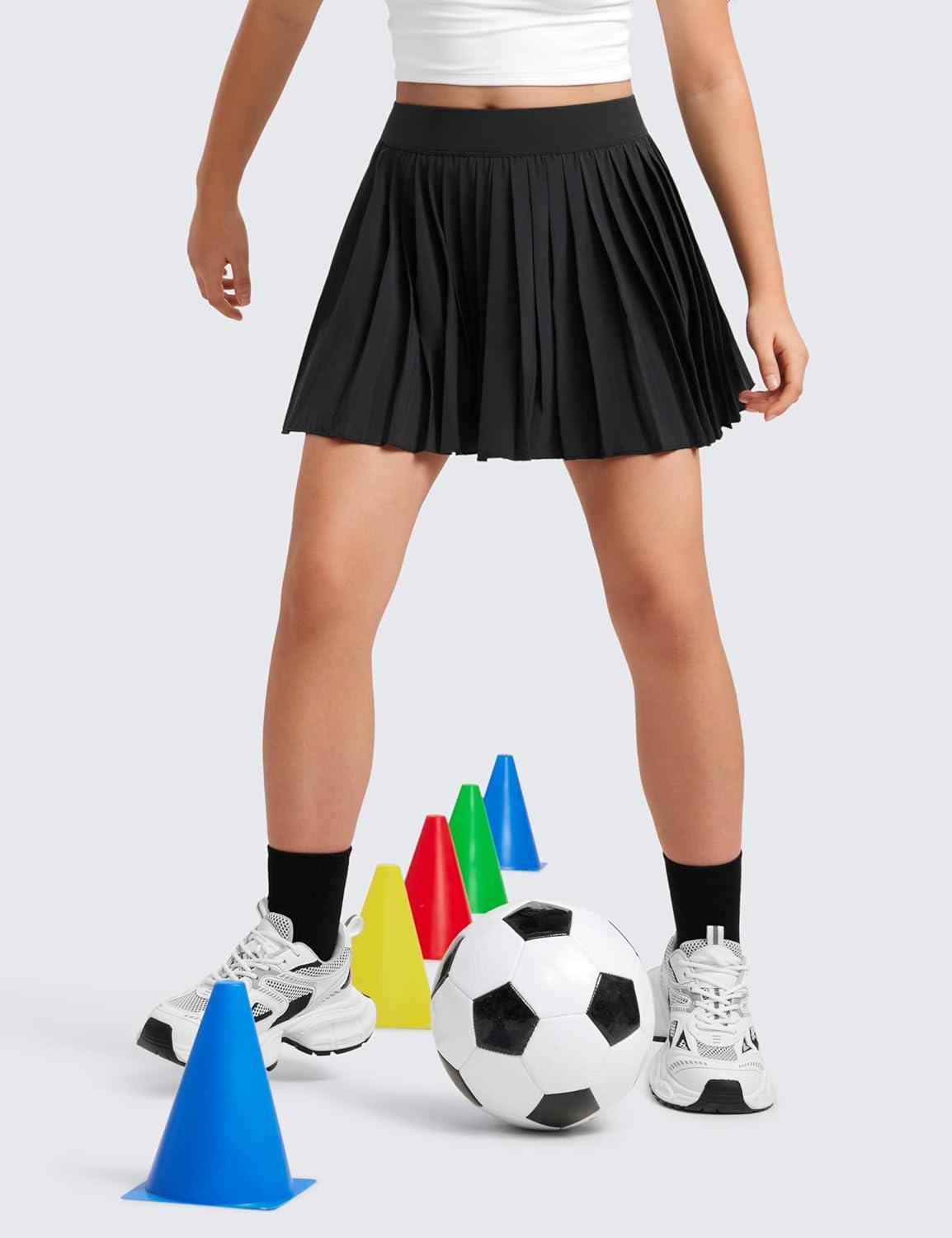 imageCRZ YOGA Girls FeatheryFit Soft Athletic Pleated Skirts Tennis School Casual Skorts with Pockets Liner Kids TeenBlack