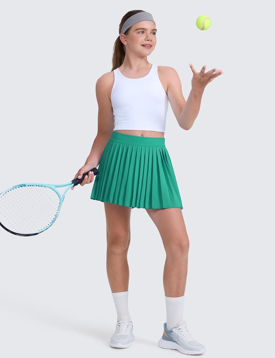 imageCRZ YOGA Girls FeatheryFit Soft Athletic Pleated Skirts Tennis School Casual Skorts with Pockets Liner Kids TeenCascadia Green
