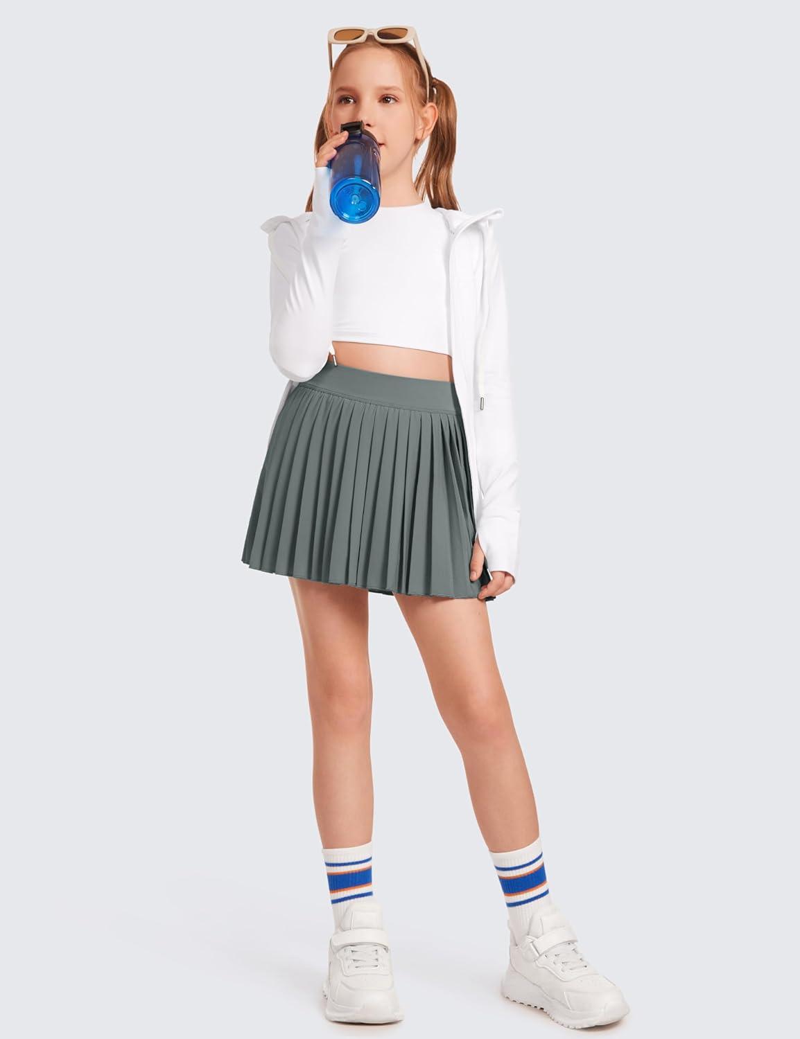 imageCRZ YOGA Girls FeatheryFit Soft Athletic Pleated Skirts Tennis School Casual Skorts with Pockets Liner Kids TeenGrey Sage