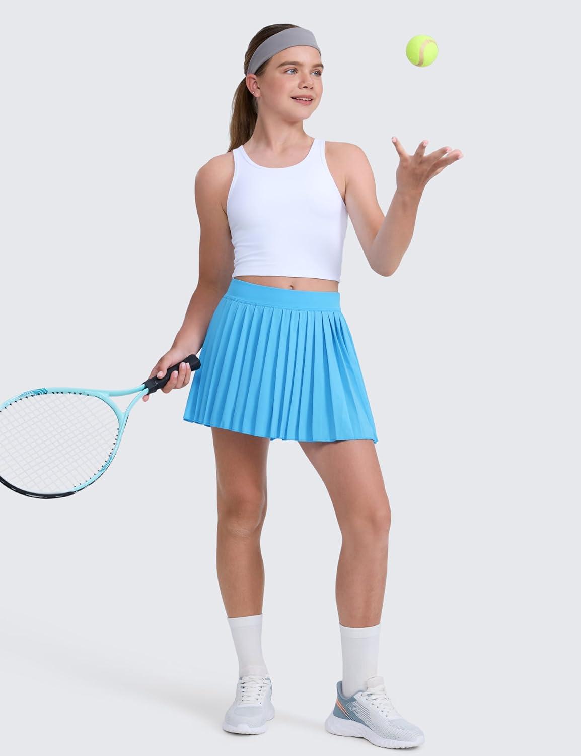 imageCRZ YOGA Girls FeatheryFit Soft Athletic Pleated Skirts Tennis School Casual Skorts with Pockets Liner Kids TeenKayak Blue