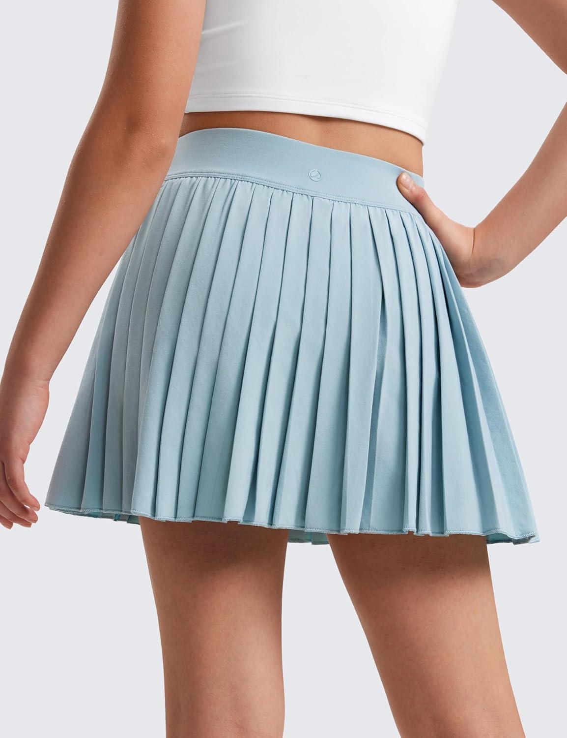 imageCRZ YOGA Girls FeatheryFit Soft Athletic Pleated Skirts Tennis School Casual Skorts with Pockets Liner Kids TeenLight Grayish Blue
