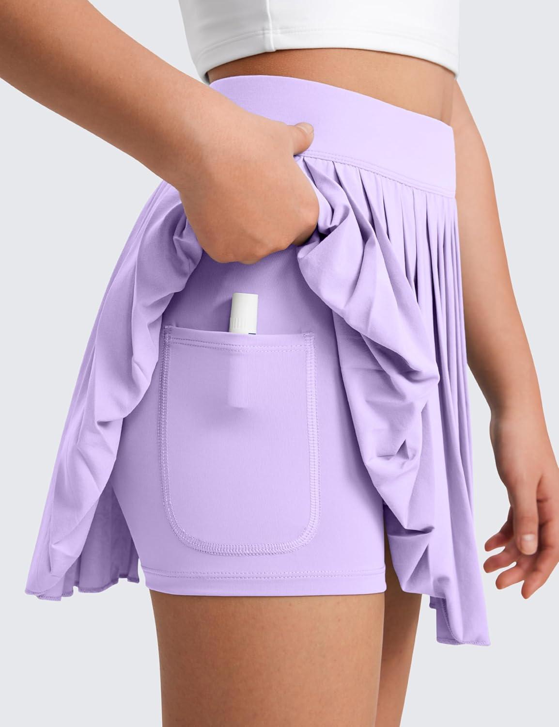 imageCRZ YOGA Girls FeatheryFit Soft Athletic Pleated Skirts Tennis School Casual Skorts with Pockets Liner Kids TeenLilac