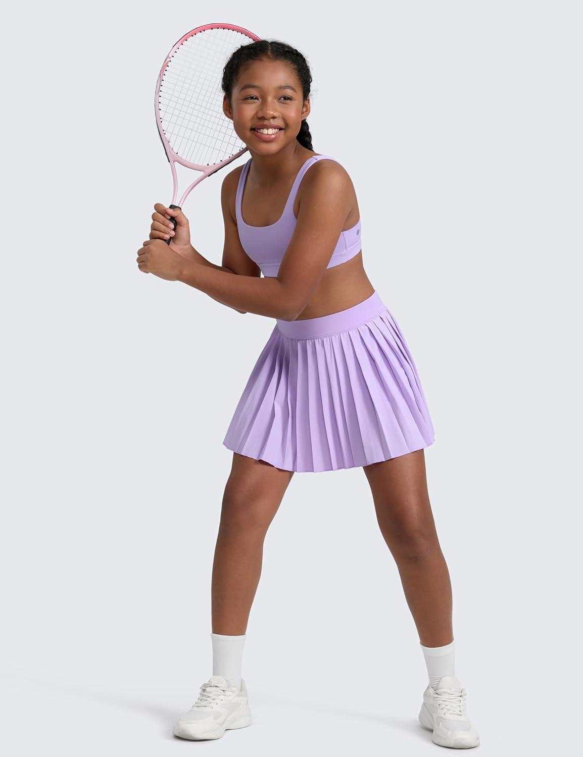 imageCRZ YOGA Girls FeatheryFit Soft Athletic Pleated Skirts Tennis School Casual Skorts with Pockets Liner Kids TeenLilac