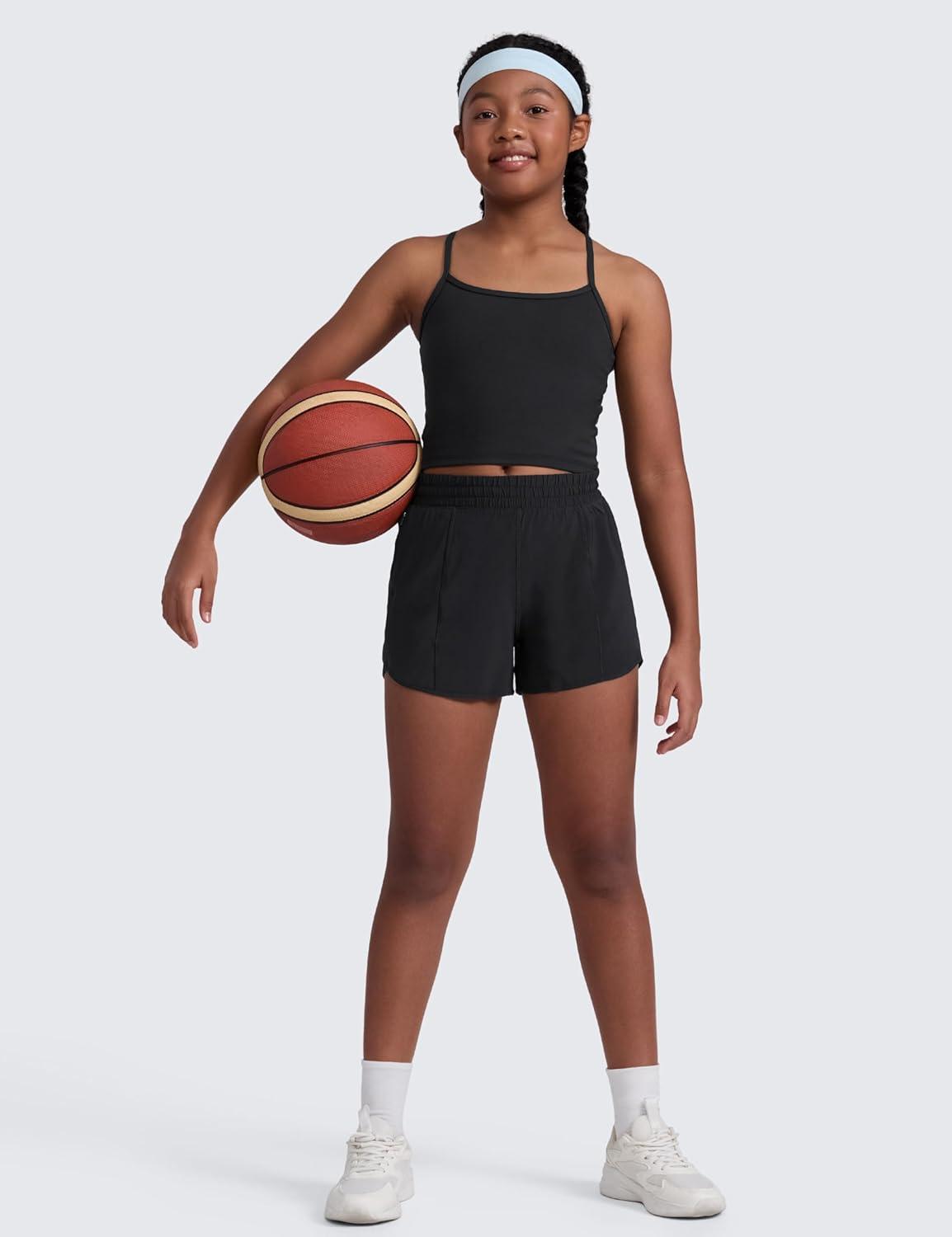 imageCRZ YOGA Girls FeatheryFit Soft Athletic Shorts with Zipper Pocket Tennis Soccer Running Casual Liner Kids TeenBlack