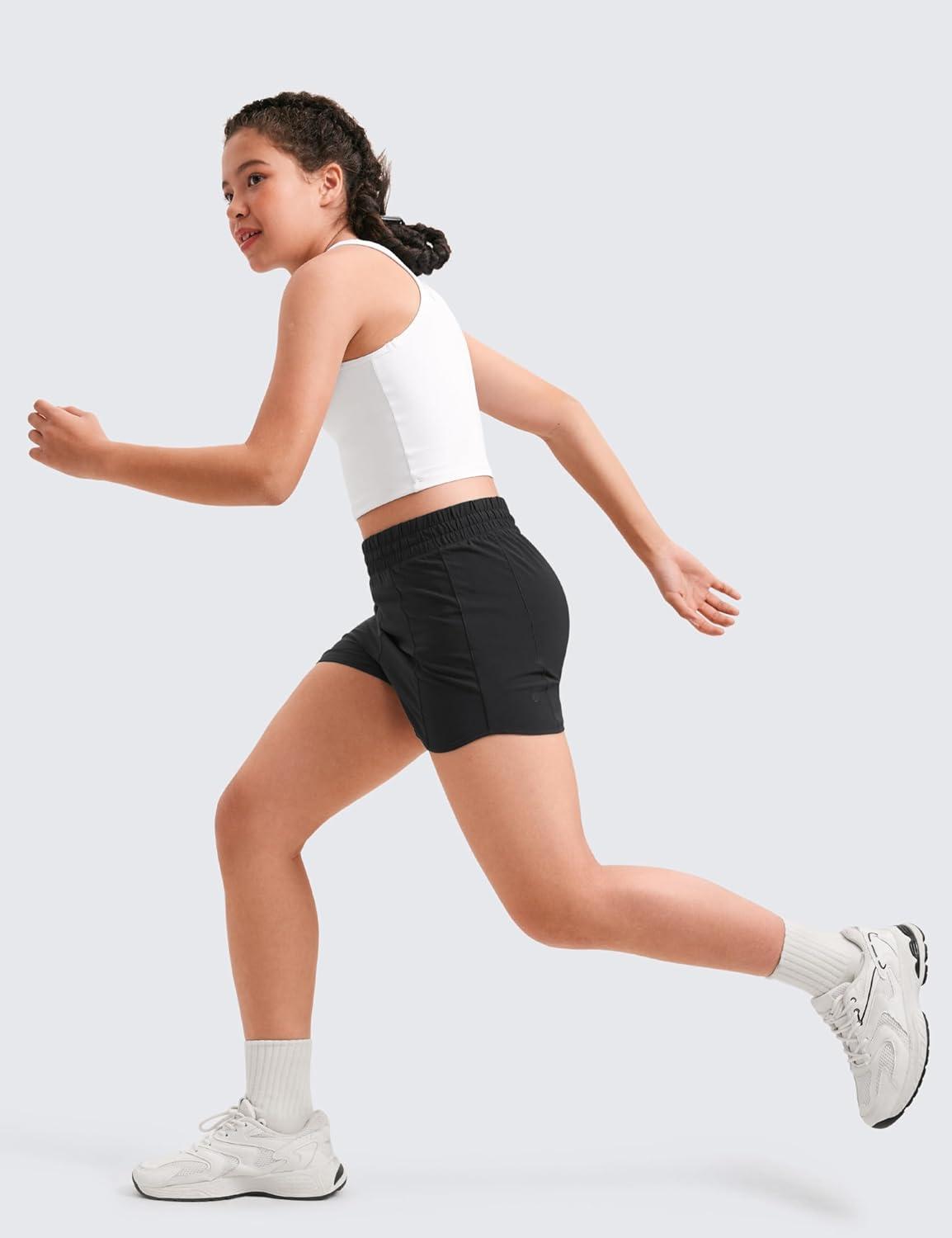 imageCRZ YOGA Girls FeatheryFit Soft Athletic Shorts with Zipper Pocket Tennis Soccer Running Casual Liner Kids TeenBlack