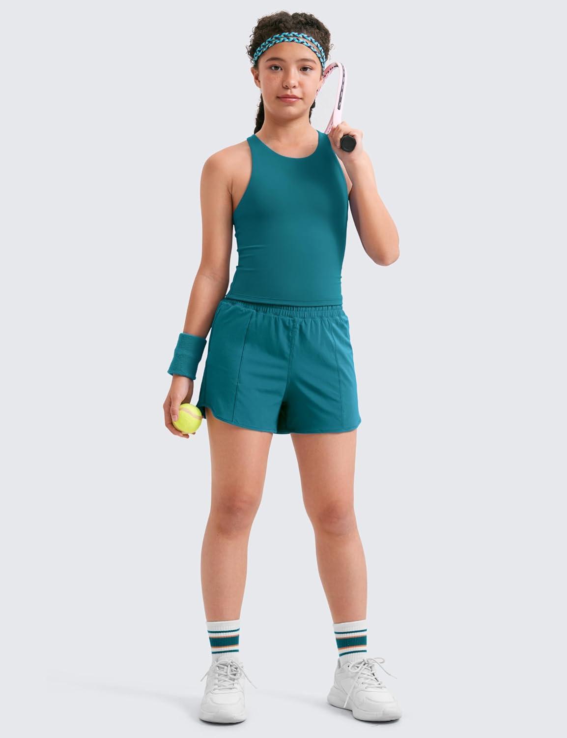 imageCRZ YOGA Girls FeatheryFit Soft Athletic Shorts with Zipper Pocket Tennis Soccer Running Casual Liner Kids TeenBorealis Green