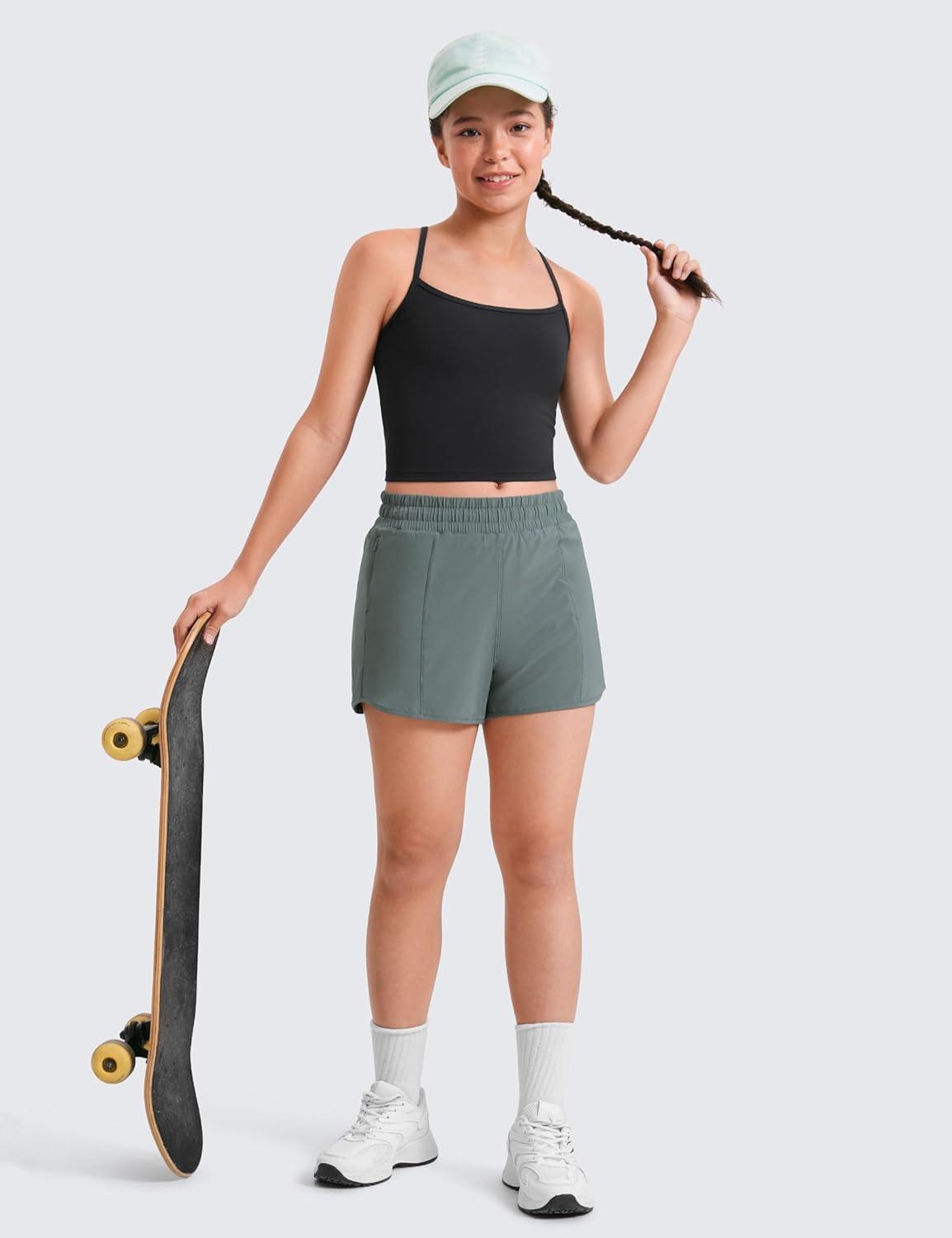 imageCRZ YOGA Girls FeatheryFit Soft Athletic Shorts with Zipper Pocket Tennis Soccer Running Casual Liner Kids TeenGrey Sage