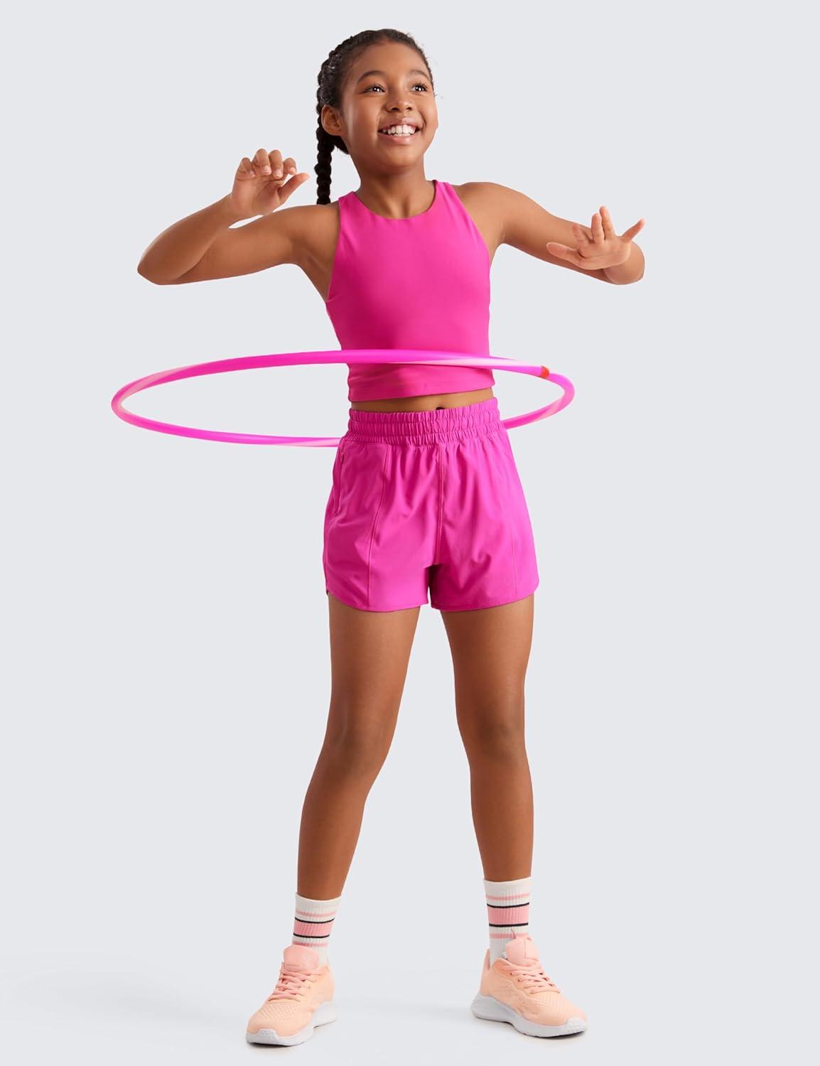 imageCRZ YOGA Girls FeatheryFit Soft Athletic Shorts with Zipper Pocket Tennis Soccer Running Casual Liner Kids TeenHibiscus Purple