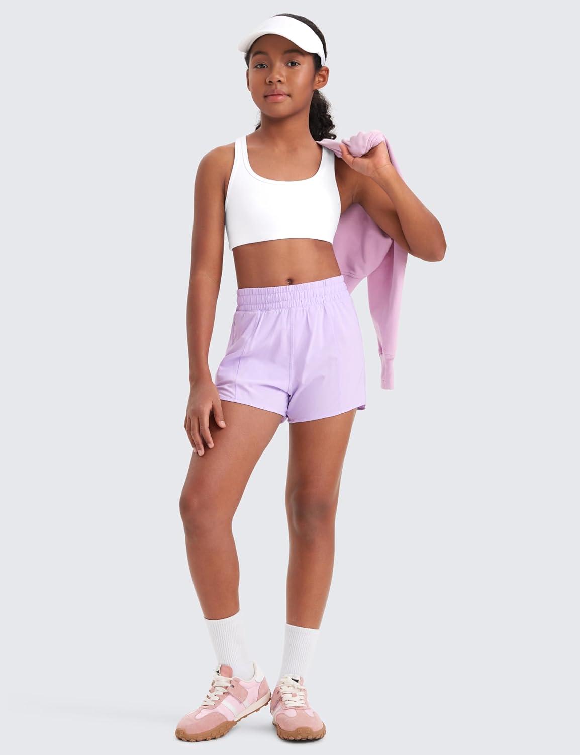 imageCRZ YOGA Girls FeatheryFit Soft Athletic Shorts with Zipper Pocket Tennis Soccer Running Casual Liner Kids TeenLilac