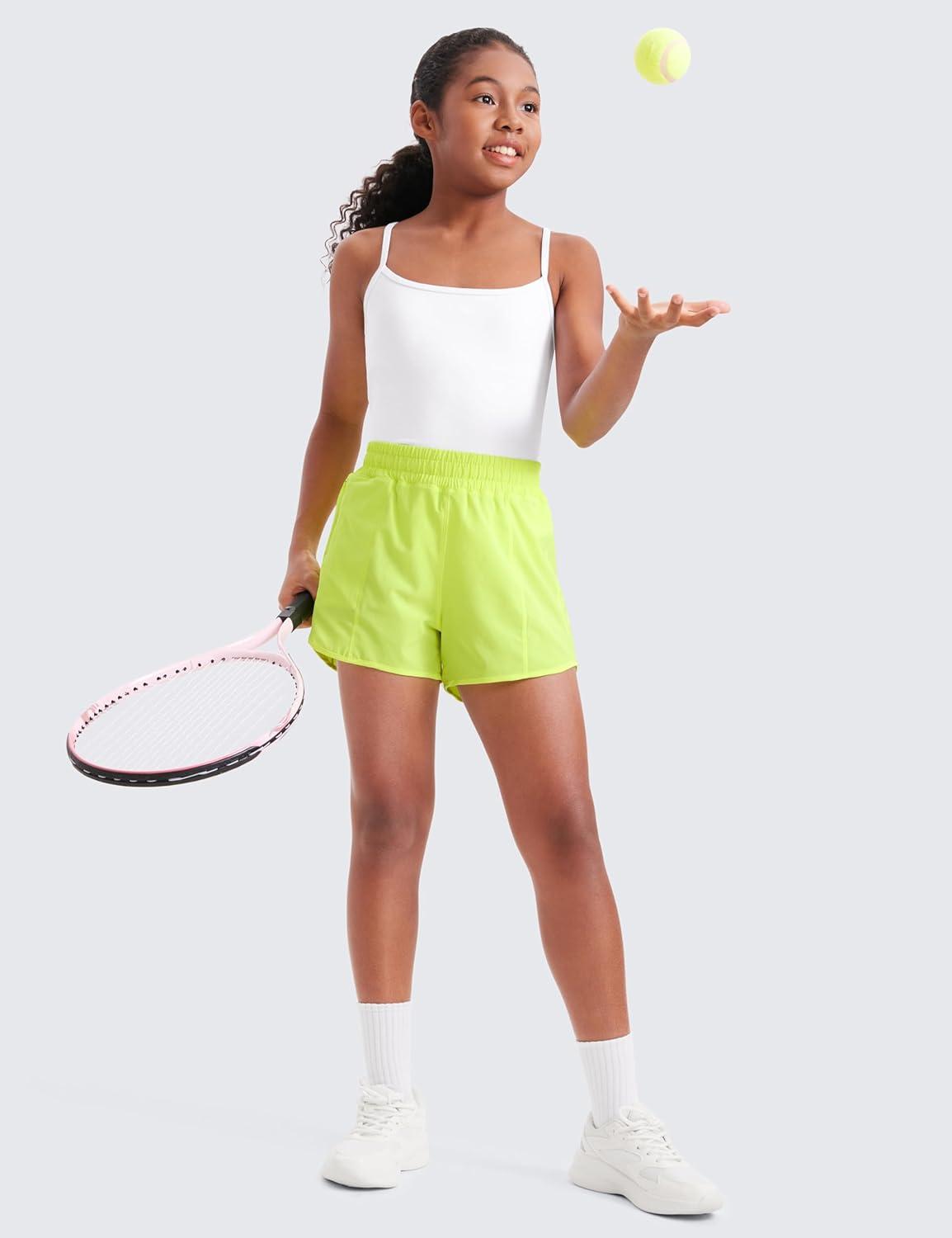 imageCRZ YOGA Girls FeatheryFit Soft Athletic Shorts with Zipper Pocket Tennis Soccer Running Casual Liner Kids TeenNeon Yellow