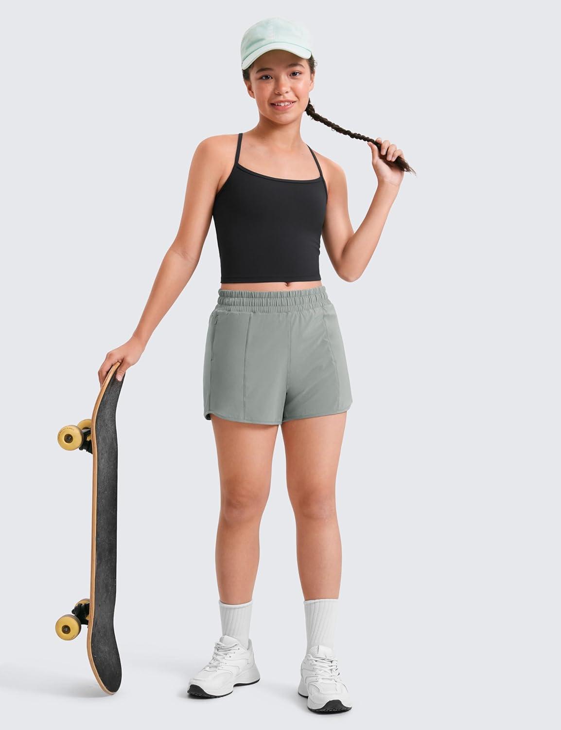 imageCRZ YOGA Girls FeatheryFit Soft Athletic Shorts with Zipper Pocket Tennis Soccer Running Casual Liner Kids TeenSterling