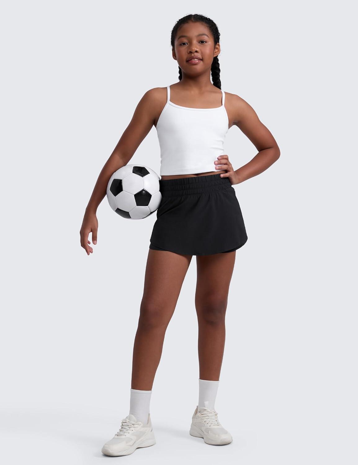 imageCRZ YOGA Girls FeatheryFit Soft Flowy Athletic Shorts Tennis Soccer Casual Ruffle Skirt Zip Pocket Liner Kids TeenBlack