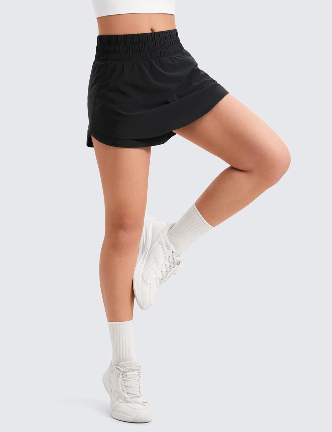 imageCRZ YOGA Girls FeatheryFit Soft Flowy Athletic Shorts Tennis Soccer Casual Ruffle Skirt Zip Pocket Liner Kids TeenBlack