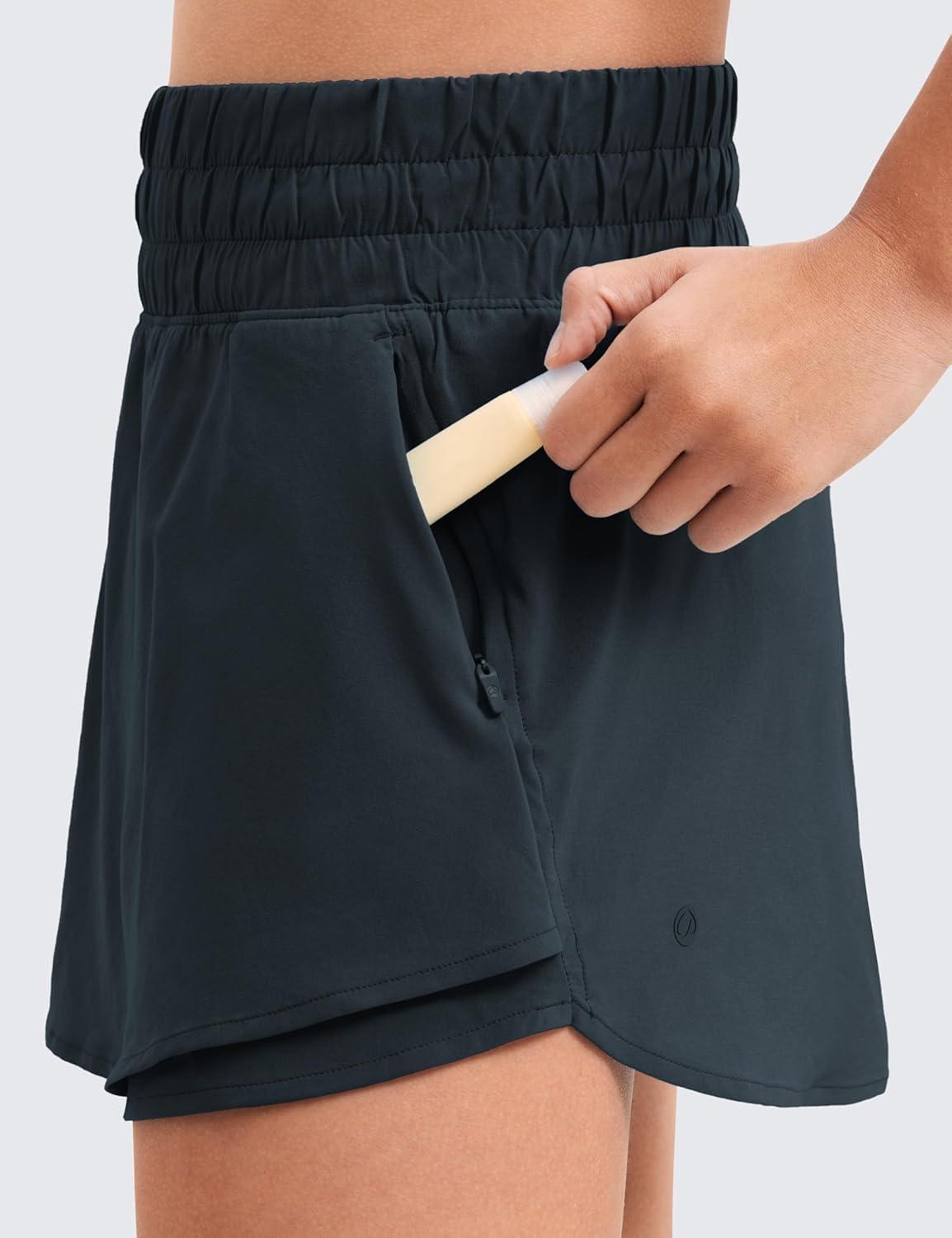 imageCRZ YOGA Girls FeatheryFit Soft Flowy Athletic Shorts Tennis Soccer Casual Ruffle Skirt Zip Pocket Liner Kids TeenTrue Navy