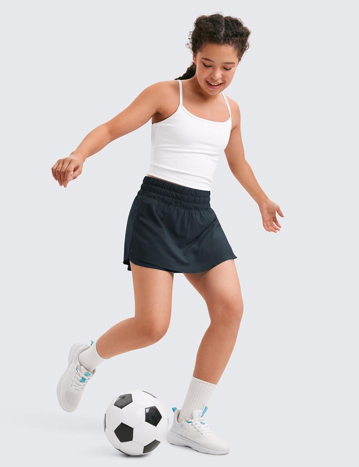 imageCRZ YOGA Girls FeatheryFit Soft Flowy Athletic Shorts Tennis Soccer Casual Ruffle Skirt Zip Pocket Liner Kids TeenTrue Navy