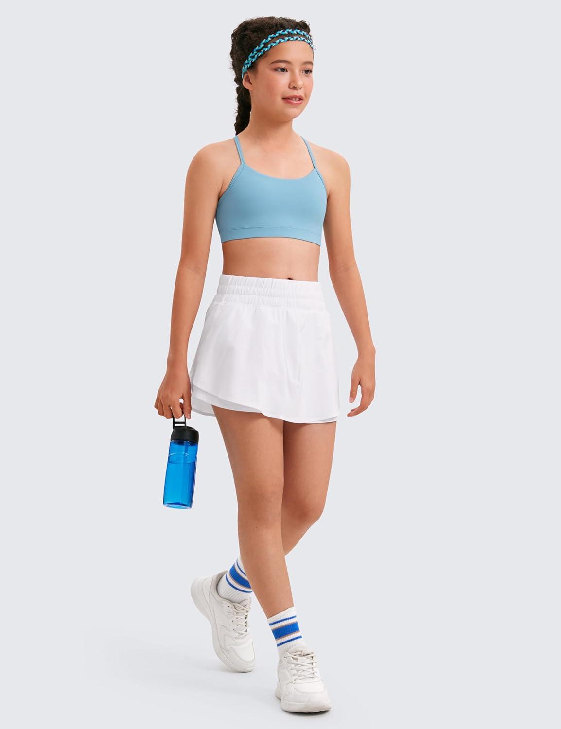 imageCRZ YOGA Girls FeatheryFit Soft Flowy Athletic Shorts Tennis Soccer Casual Ruffle Skirt Zip Pocket Liner Kids TeenWhite