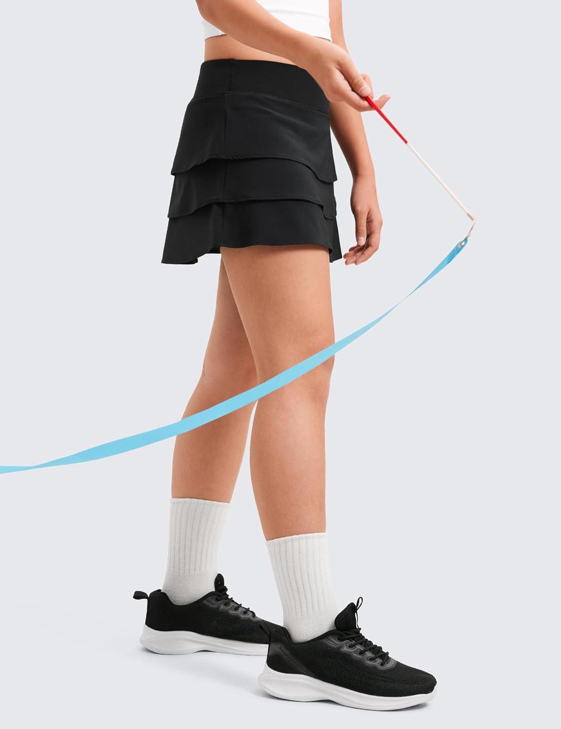 imageCRZ YOGA Girls FeatheryFit Soft Ruffle Athletic Skirts Tennis School Casual Skorts with Pockets Liner Kids TeenBlack