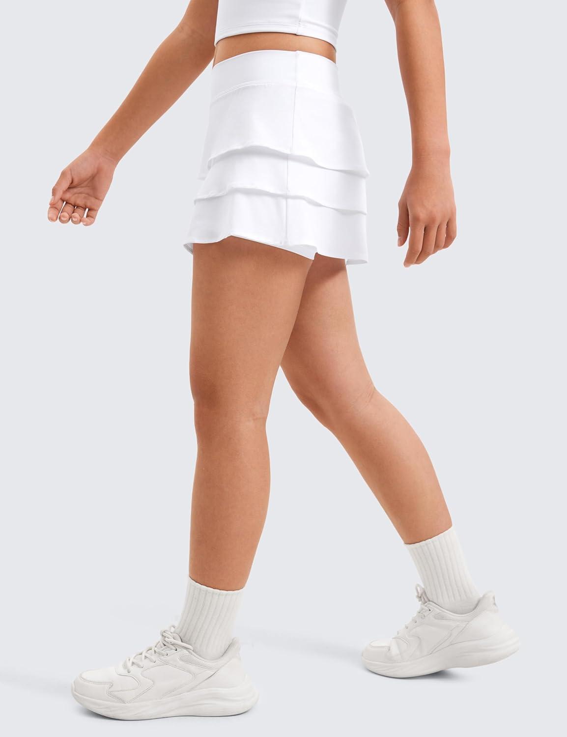 imageCRZ YOGA Girls FeatheryFit Soft Ruffle Athletic Skirts Tennis School Casual Skorts with Pockets Liner Kids TeenWhite