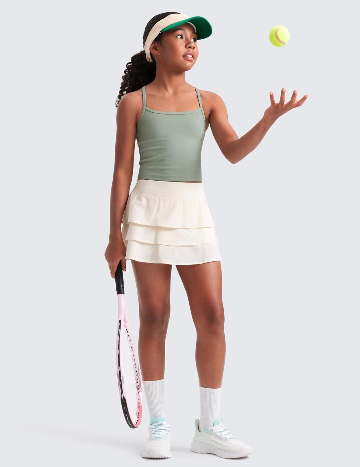 imageCRZ YOGA Girls FeatheryFit Soft Ruffle Athletic Skirts Tennis School Casual Skorts with Pockets Liner Kids TeenWhite Apricot