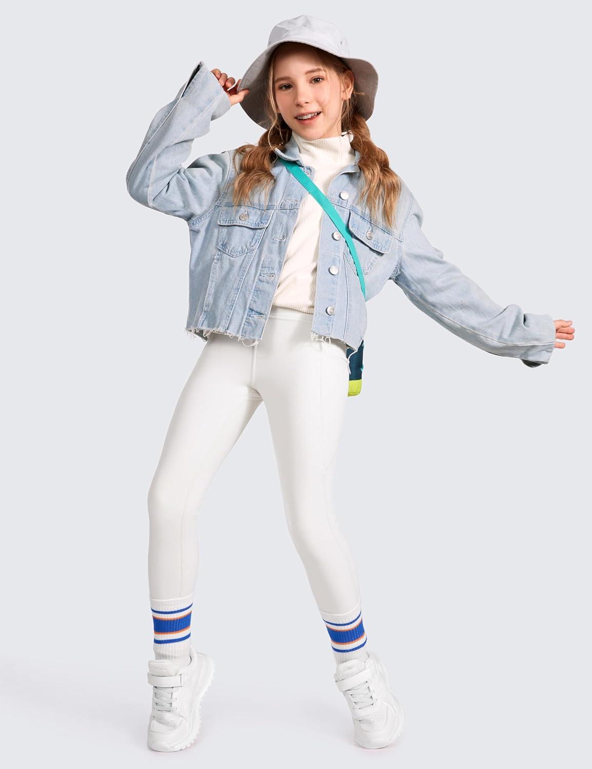 imageCRZ YOGA Girls Fleece Lined Full Length Athletic Leggings Water Resistant Casual Yoga Thermal Pants with Pockets WinterMilky White Bone