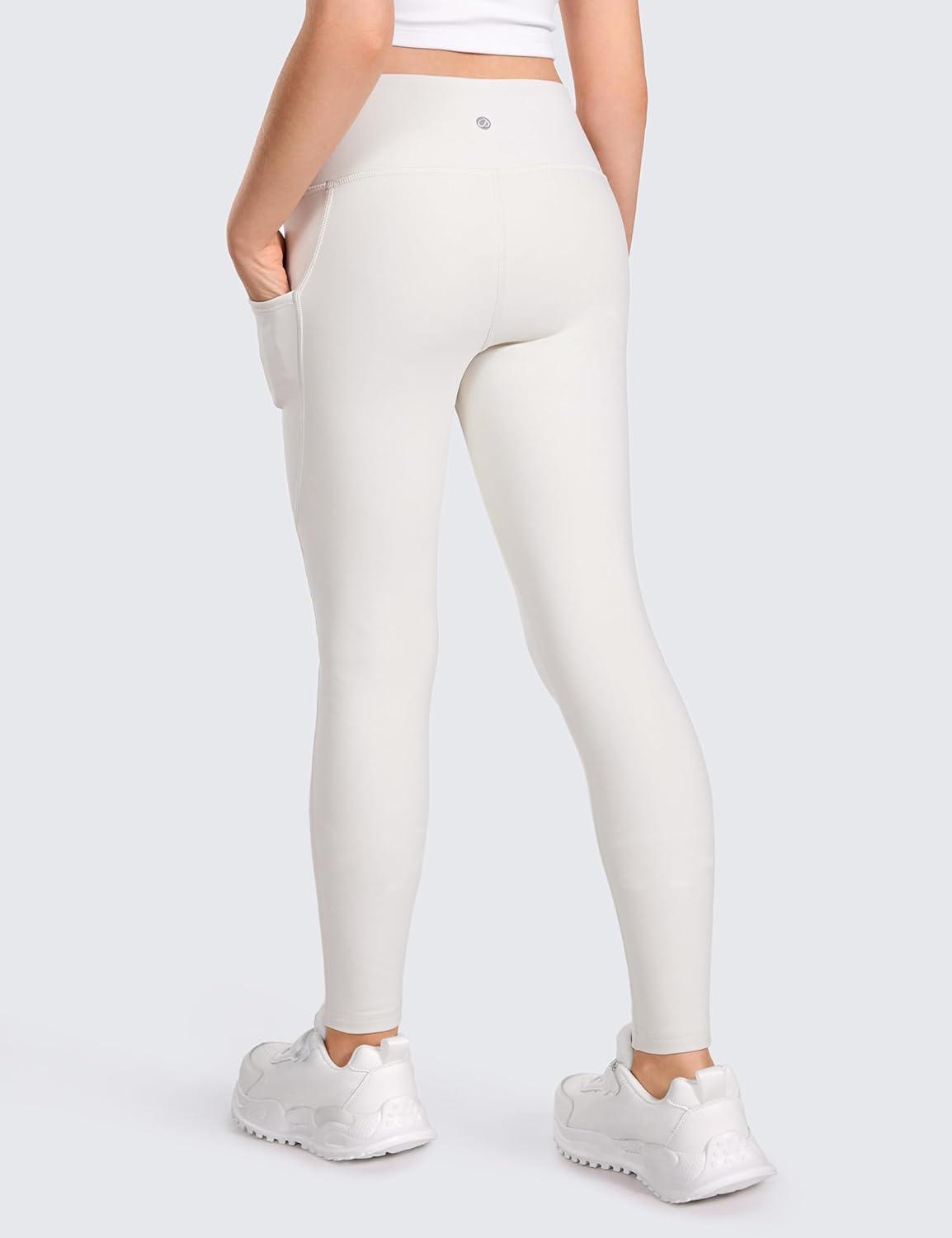 imageCRZ YOGA Girls Fleece Lined Full Length Athletic Leggings Water Resistant Casual Yoga Thermal Pants with Pockets WinterMilky White Bone