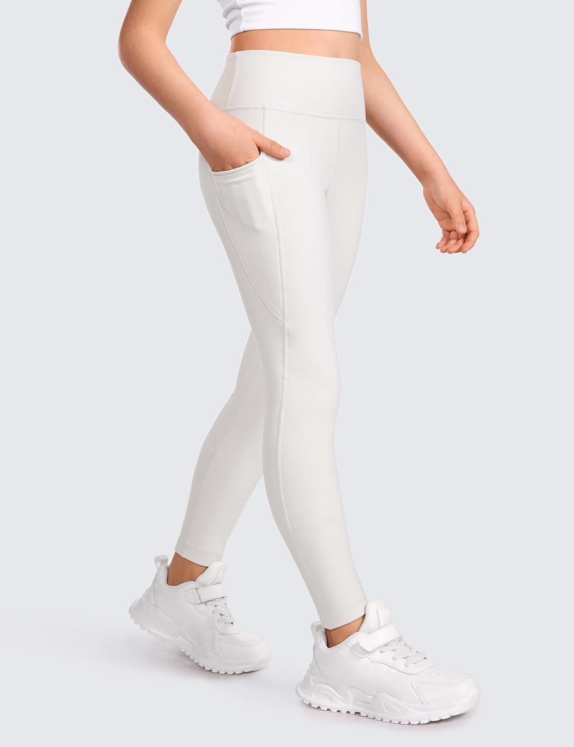 imageCRZ YOGA Girls Fleece Lined Full Length Athletic Leggings Water Resistant Casual Yoga Thermal Pants with Pockets WinterMilky White Bone