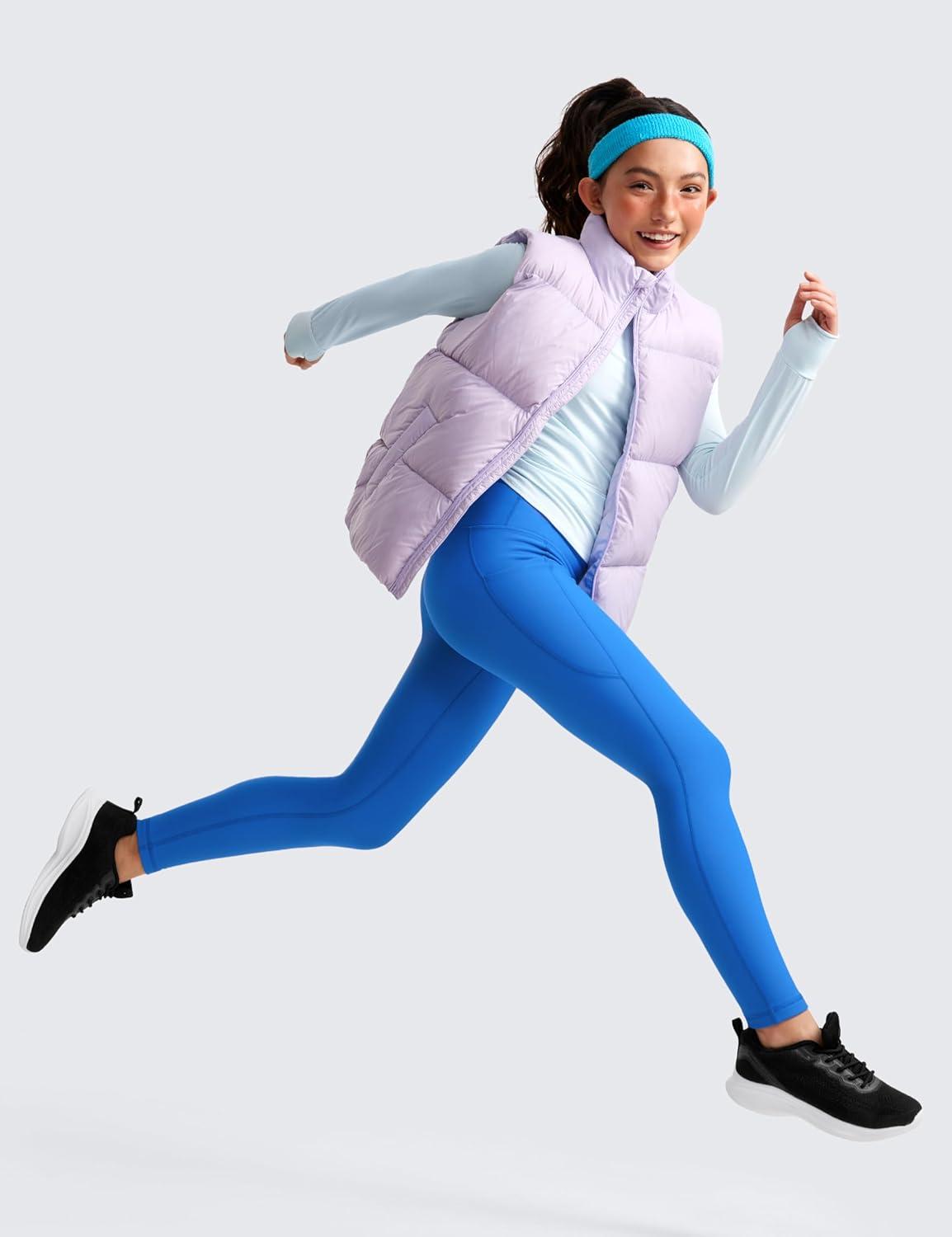 imageCRZ YOGA Girls Fleece Lined Full Length Athletic Leggings Water Resistant Casual Yoga Thermal Pants with Pockets WinterSparkle Blue