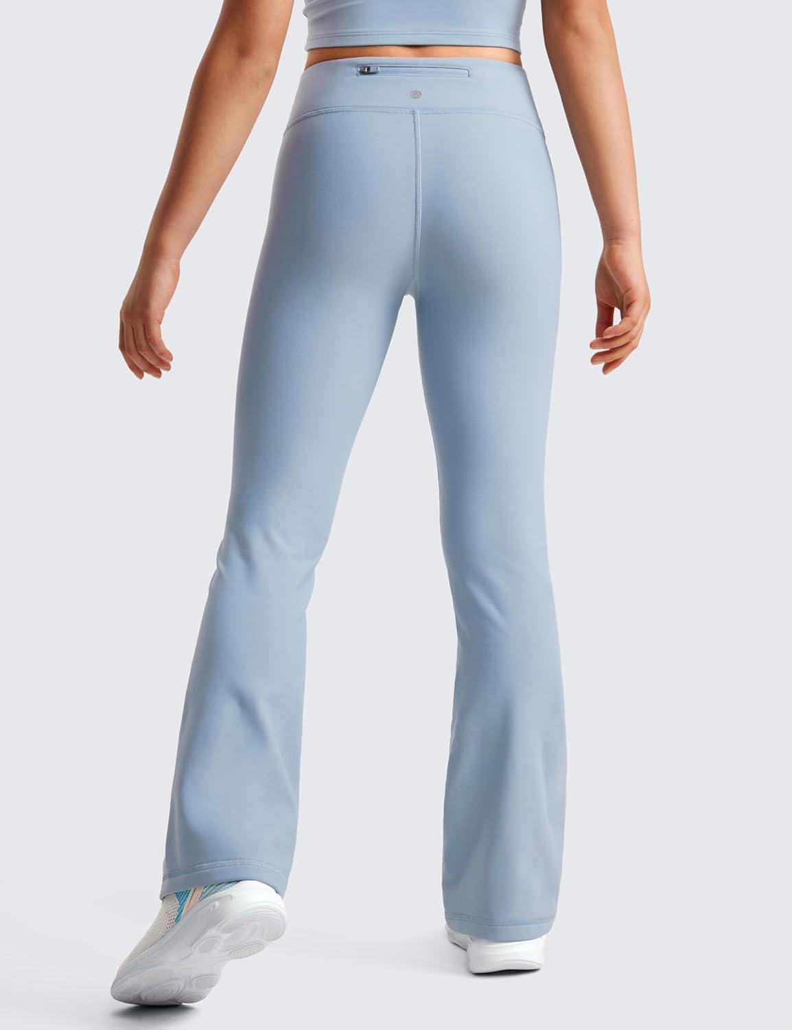 imageCRZ YOGA Girls Fleece Lined High Waist Athletic Flare Leggings Water Resistant Casual Yoga Pants Zip Pocket Bell BottomsCambric Blue