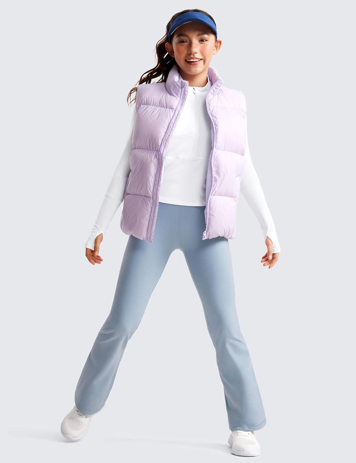 imageCRZ YOGA Girls Fleece Lined High Waist Athletic Flare Leggings Water Resistant Casual Yoga Pants Zip Pocket Bell BottomsCambric Blue