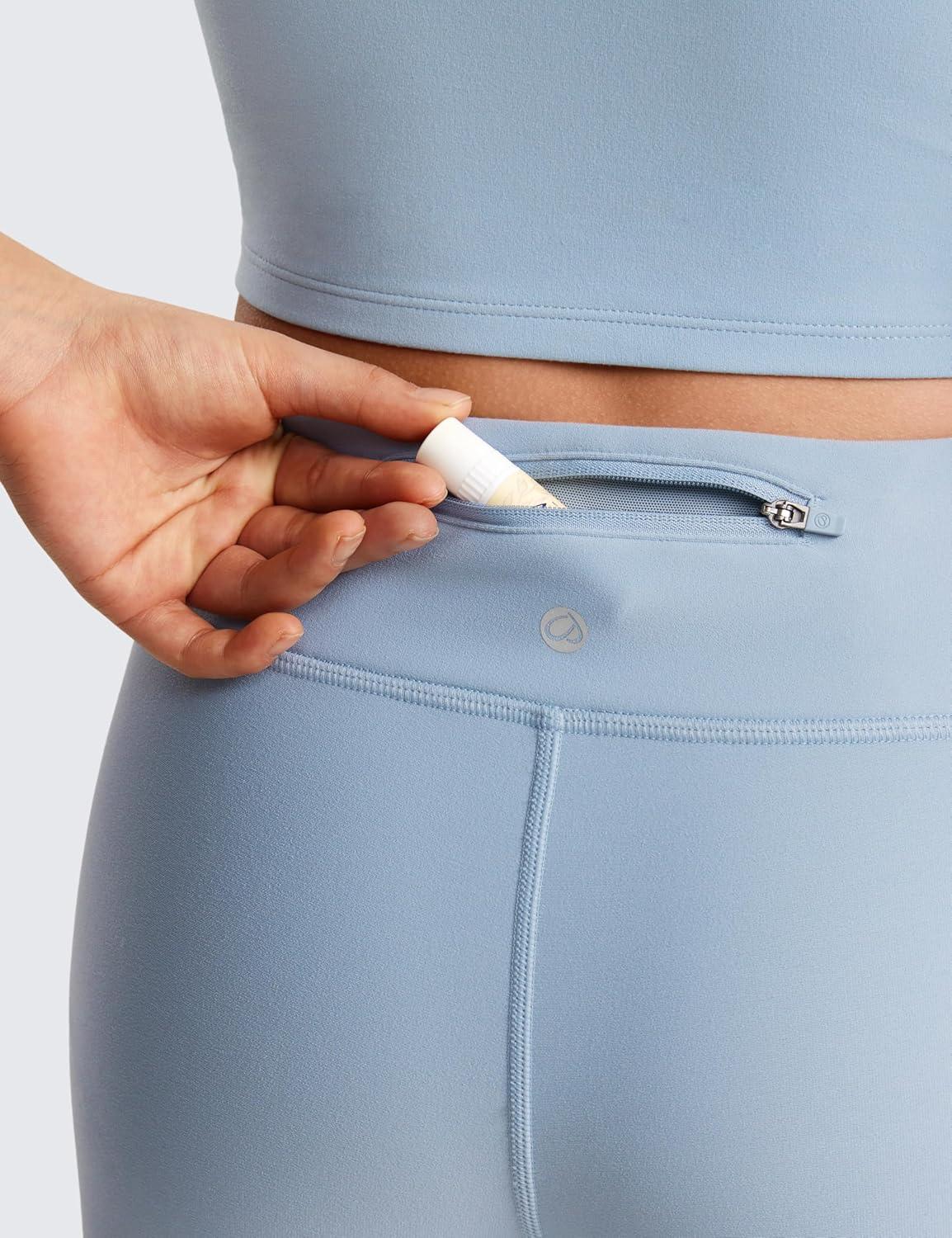 imageCRZ YOGA Girls Fleece Lined High Waist Athletic Flare Leggings Water Resistant Casual Yoga Pants Zip Pocket Bell BottomsCambric Blue