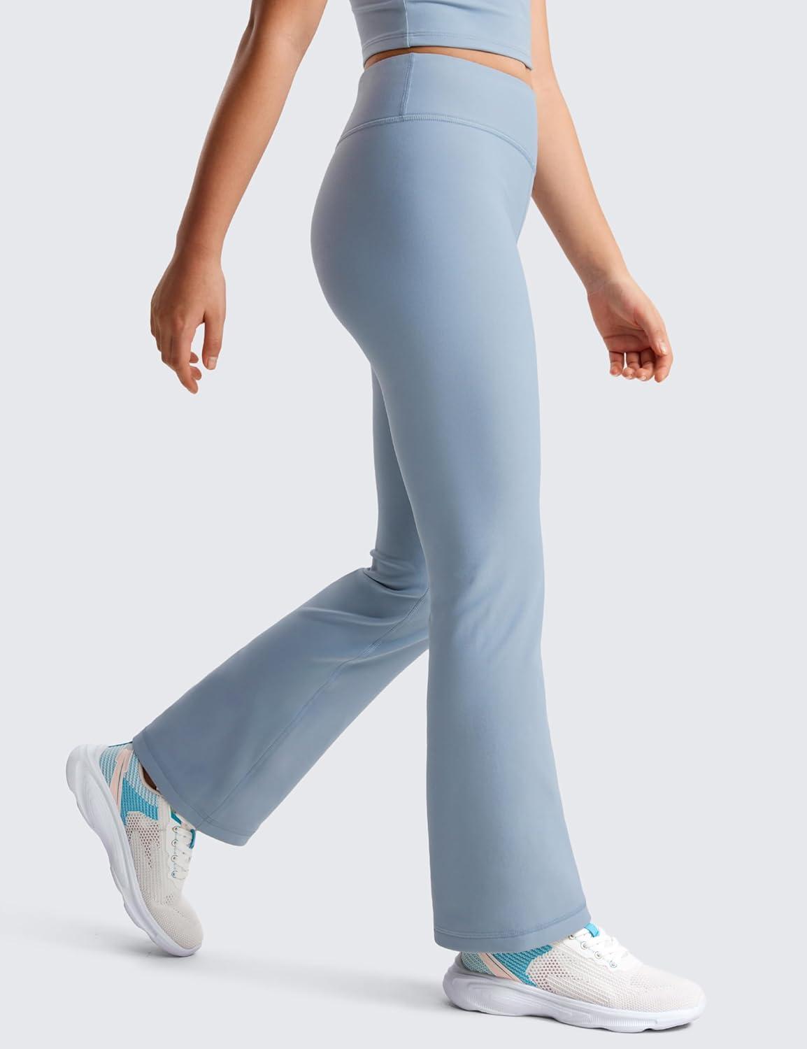 imageCRZ YOGA Girls Fleece Lined High Waist Athletic Flare Leggings Water Resistant Casual Yoga Pants Zip Pocket Bell BottomsCambric Blue