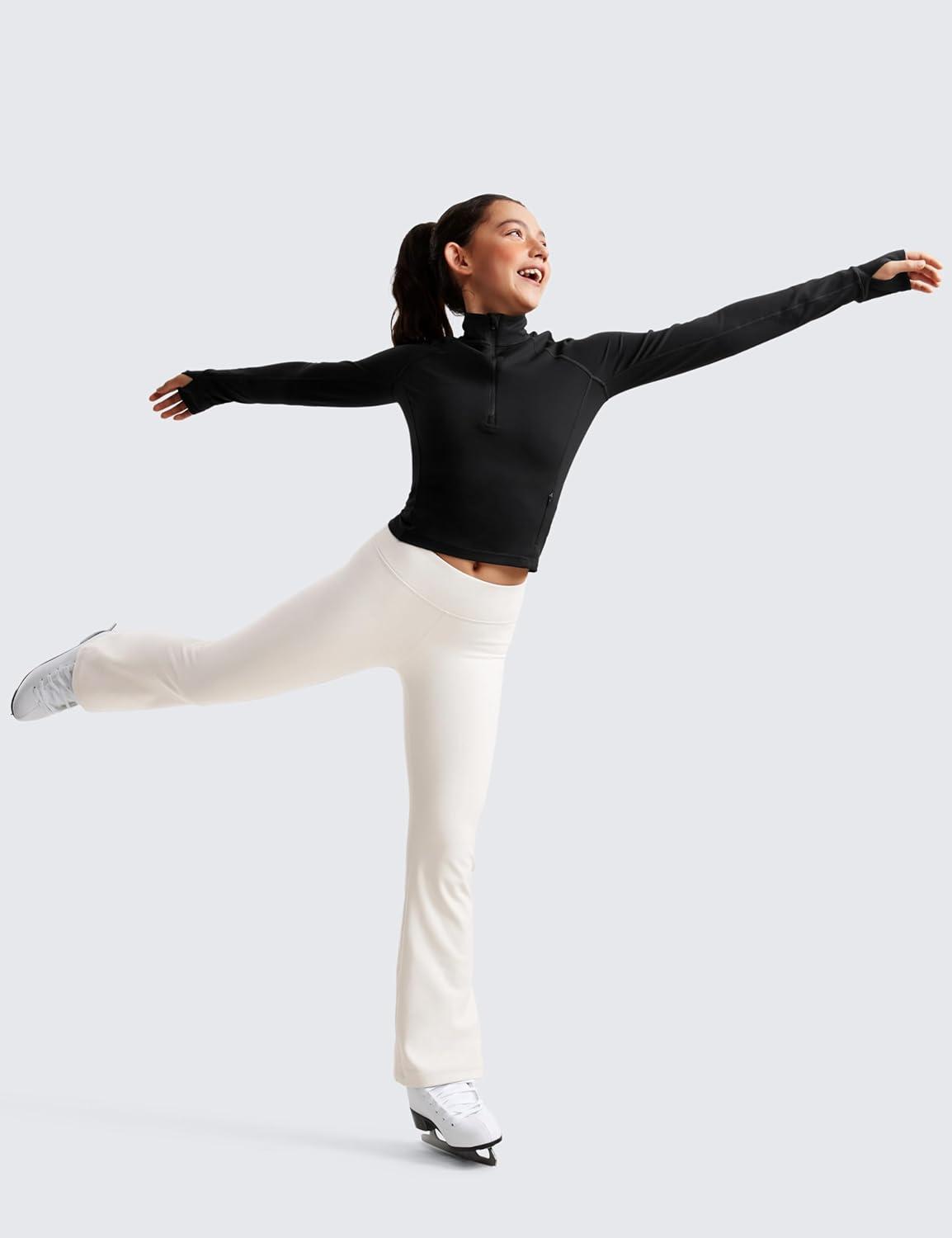 imageCRZ YOGA Girls Fleece Lined High Waist Athletic Flare Leggings Water Resistant Casual Yoga Pants Zip Pocket Bell BottomsMilky White Bone