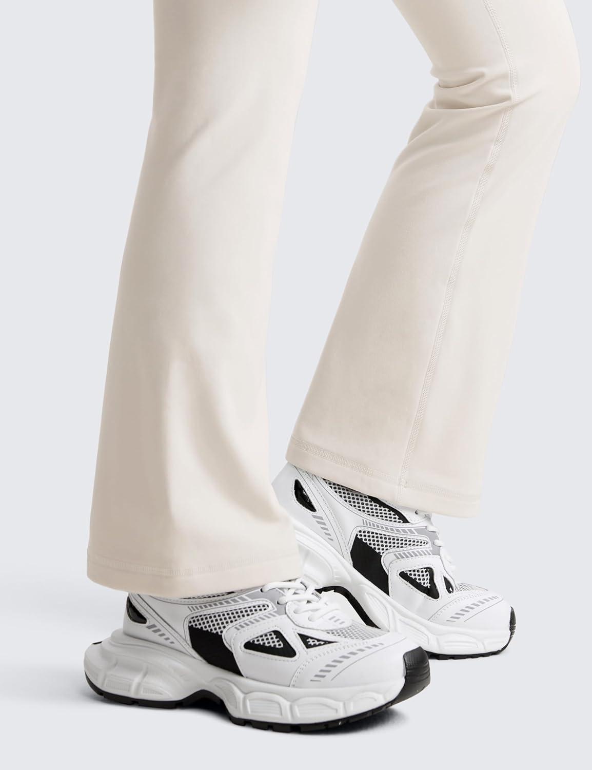 imageCRZ YOGA Girls Fleece Lined High Waist Athletic Flare Leggings Water Resistant Casual Yoga Pants Zip Pocket Bell BottomsMilky White Bone