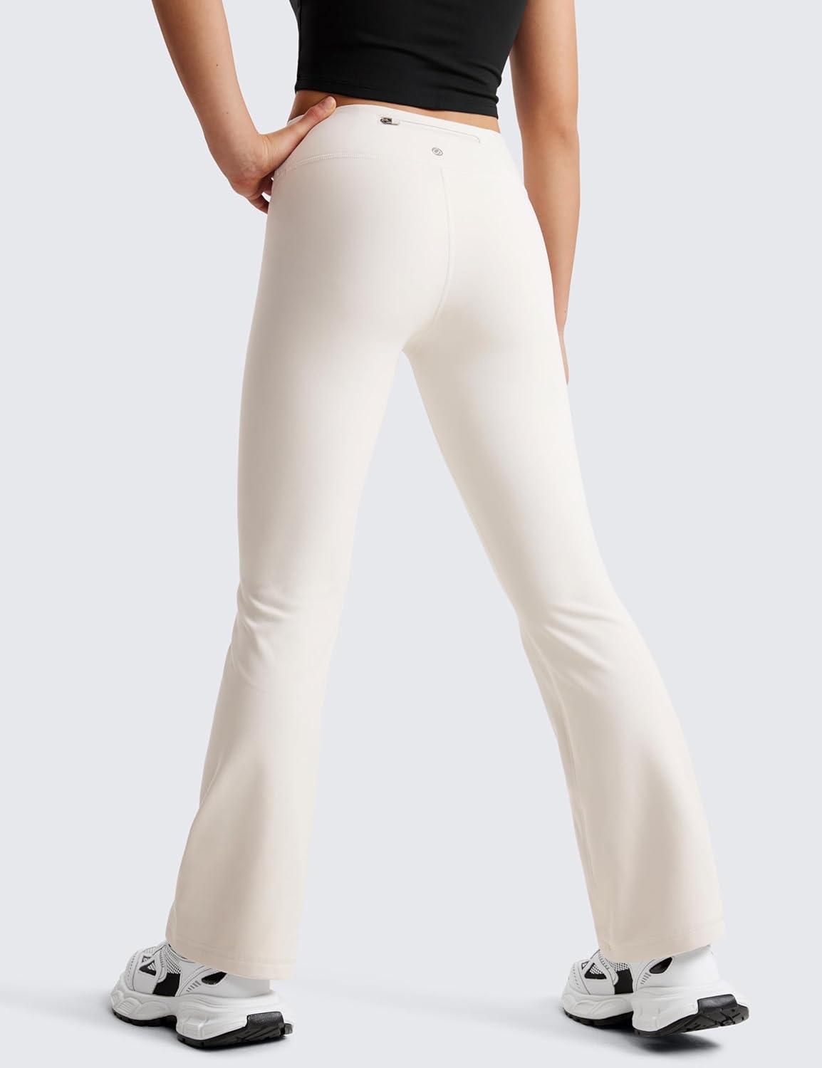 imageCRZ YOGA Girls Fleece Lined High Waist Athletic Flare Leggings Water Resistant Casual Yoga Pants Zip Pocket Bell BottomsMilky White Bone