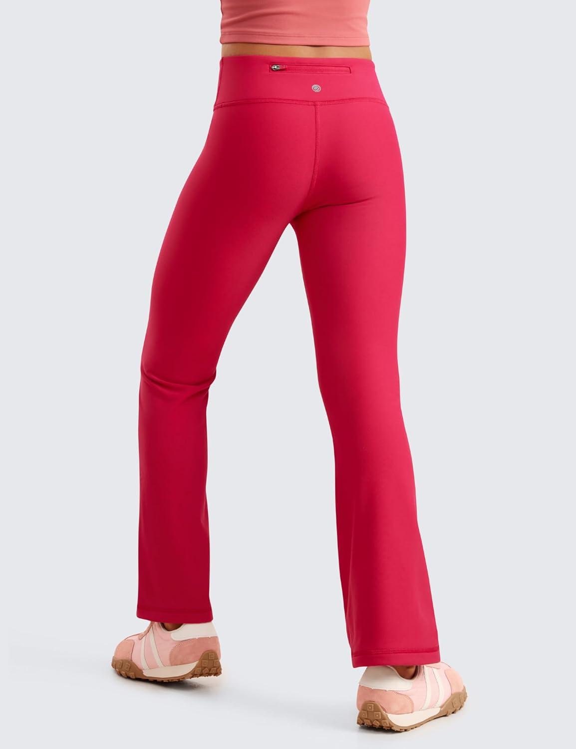 imageCRZ YOGA Girls Fleece Lined High Waist Athletic Flare Leggings Water Resistant Casual Yoga Pants Zip Pocket Bell BottomsViva Magenta