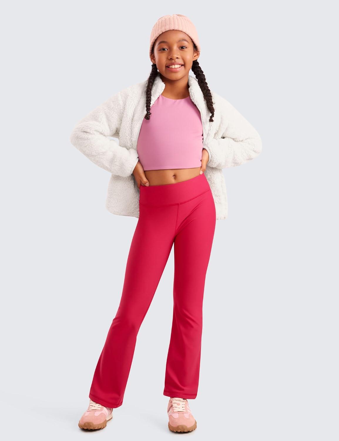 imageCRZ YOGA Girls Fleece Lined High Waist Athletic Flare Leggings Water Resistant Casual Yoga Pants Zip Pocket Bell BottomsViva Magenta