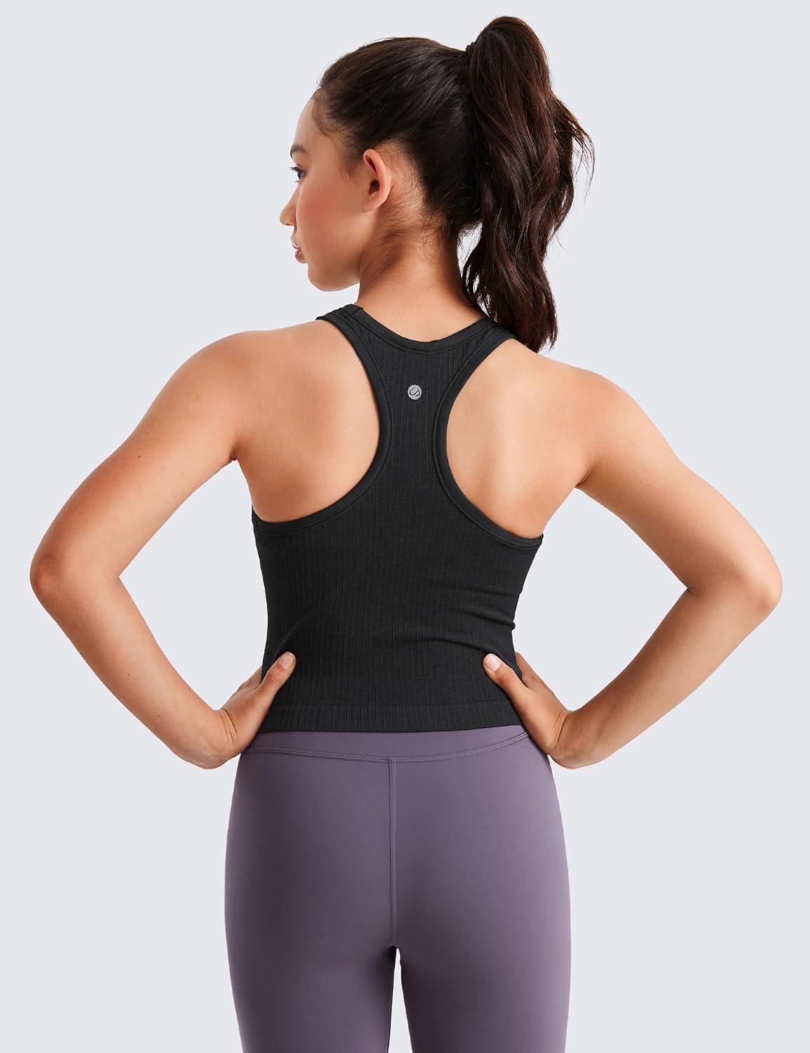 imageCRZ YOGA Girls Seamless Ribbed Longline Sports Bra Yoga Athletic Casual Tops High Neck Racerback Padded Kids TeenBlack