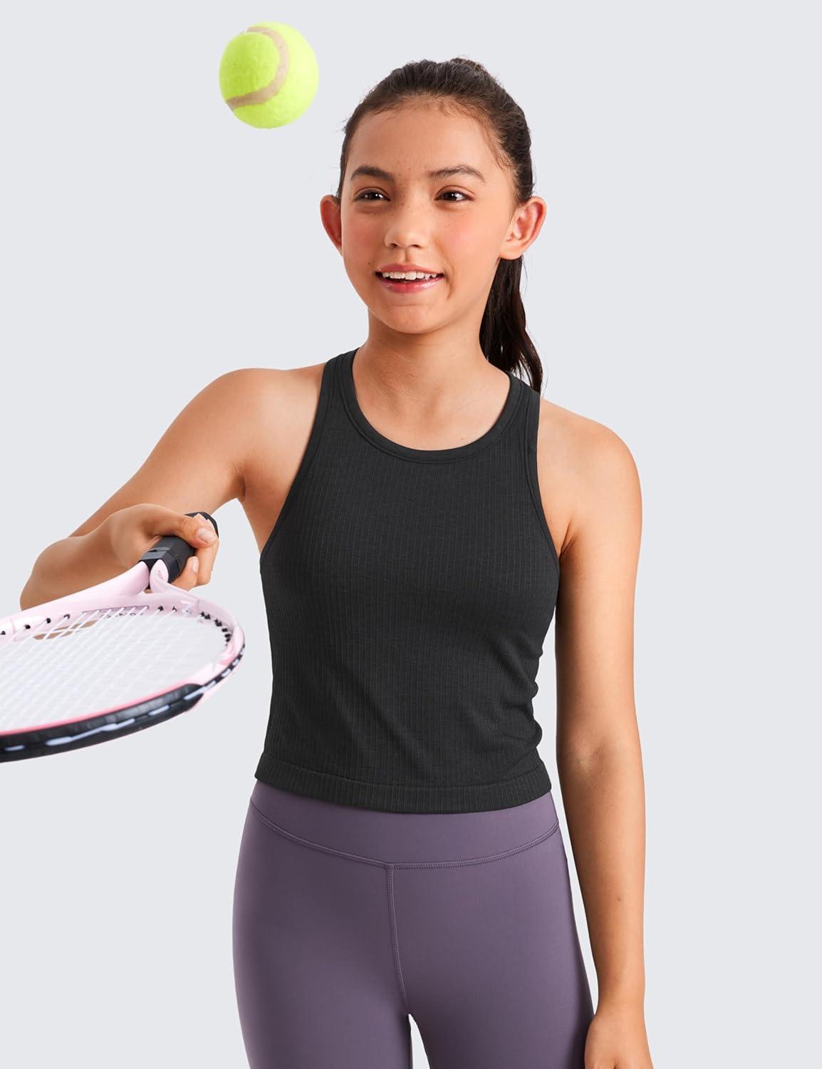 imageCRZ YOGA Girls Seamless Ribbed Longline Sports Bra Yoga Athletic Casual Tops High Neck Racerback Padded Kids TeenBlack