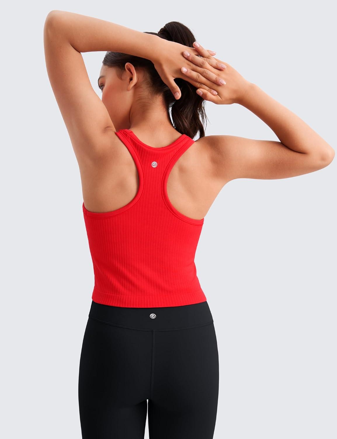 imageCRZ YOGA Girls Seamless Ribbed Longline Sports Bra Yoga Athletic Casual Tops High Neck Racerback Padded Kids TeenDeep Red