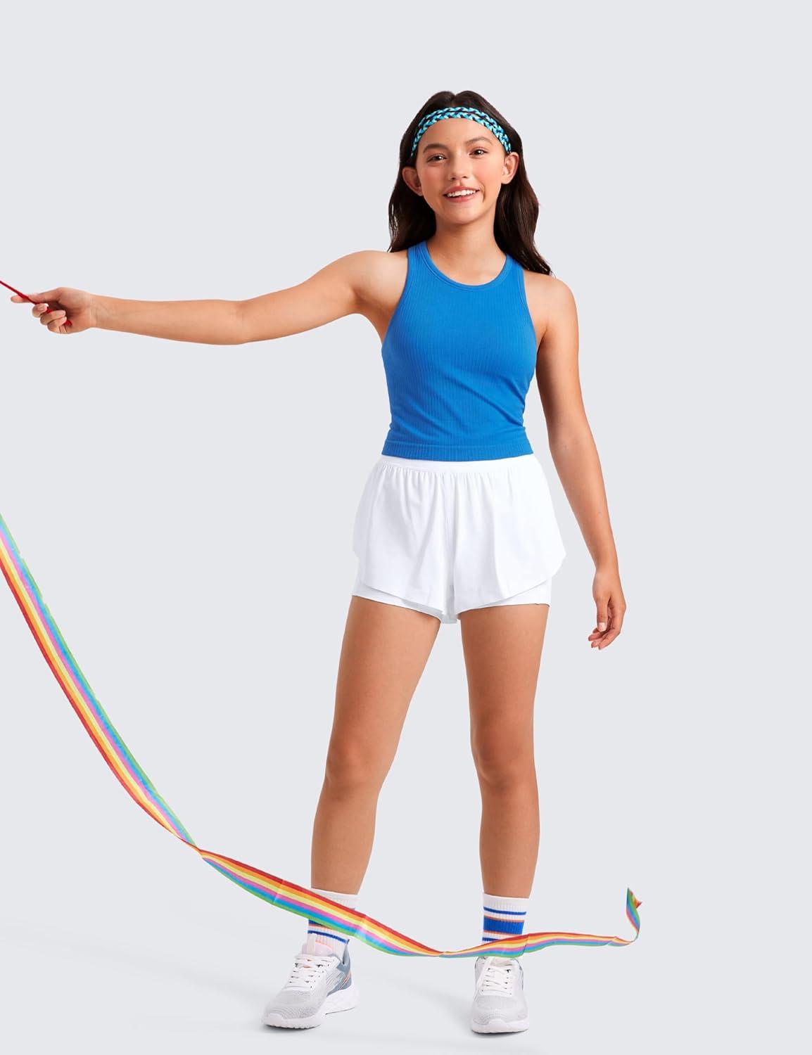 imageCRZ YOGA Girls Seamless Ribbed Longline Sports Bra Yoga Athletic Casual Tops High Neck Racerback Padded Kids TeenSparkle Blue