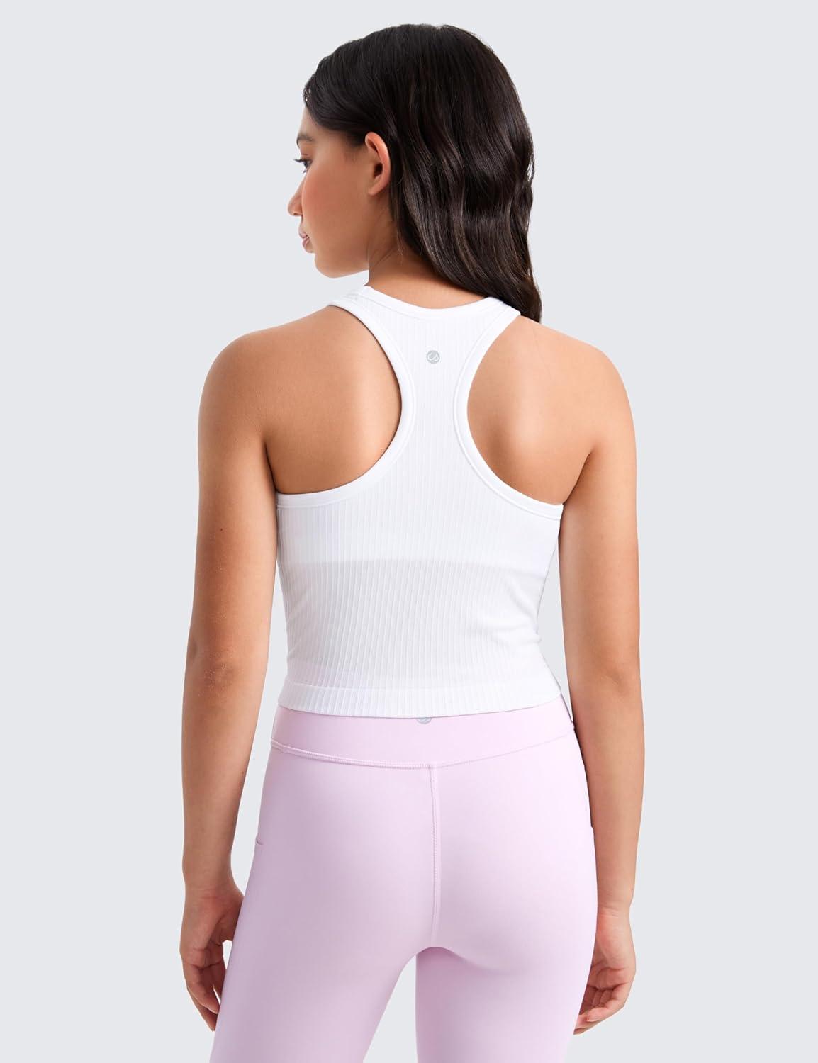 imageCRZ YOGA Girls Seamless Ribbed Longline Sports Bra Yoga Athletic Casual Tops High Neck Racerback Padded Kids TeenWhite
