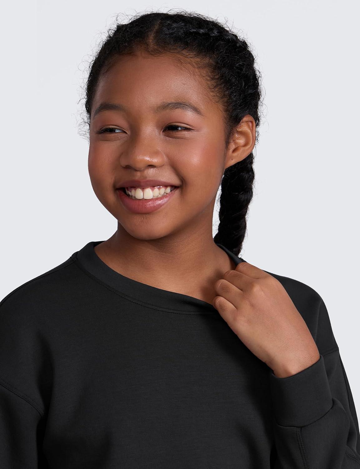 imageCRZ YOGA Girls SoftAura Long Sleeve Crew Neck Casual Hoodie Lounge Pullover Sweatshirts Relaxed Waist Length Kids TeenBlack