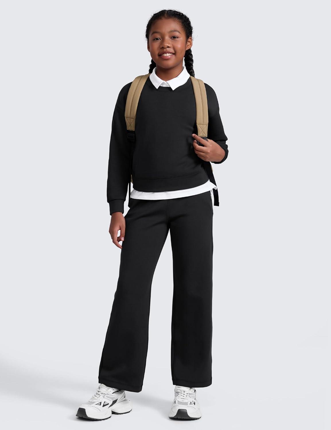 imageCRZ YOGA Girls SoftAura Long Sleeve Crew Neck Casual Hoodie Lounge Pullover Sweatshirts Relaxed Waist Length Kids TeenBlack